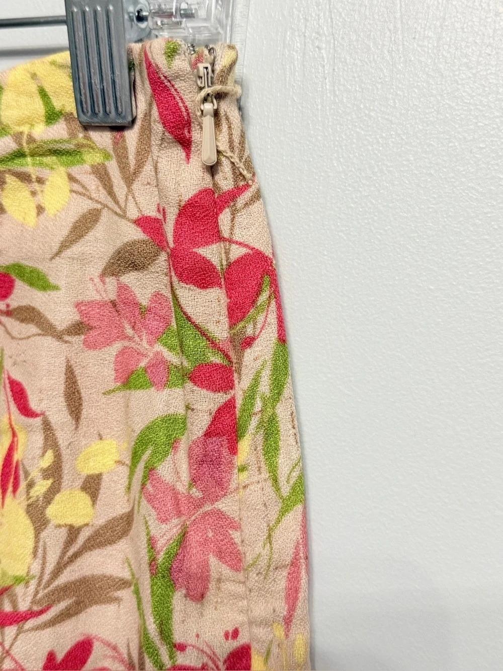 Linen & Cotton Floral A-Line Midi Skirt - Pink with Yellow & Red Flowers